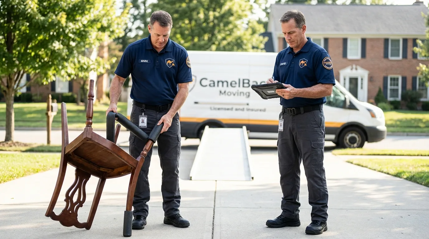 Movers inspecting furniture for damage prevention before loading in Soperton, GA