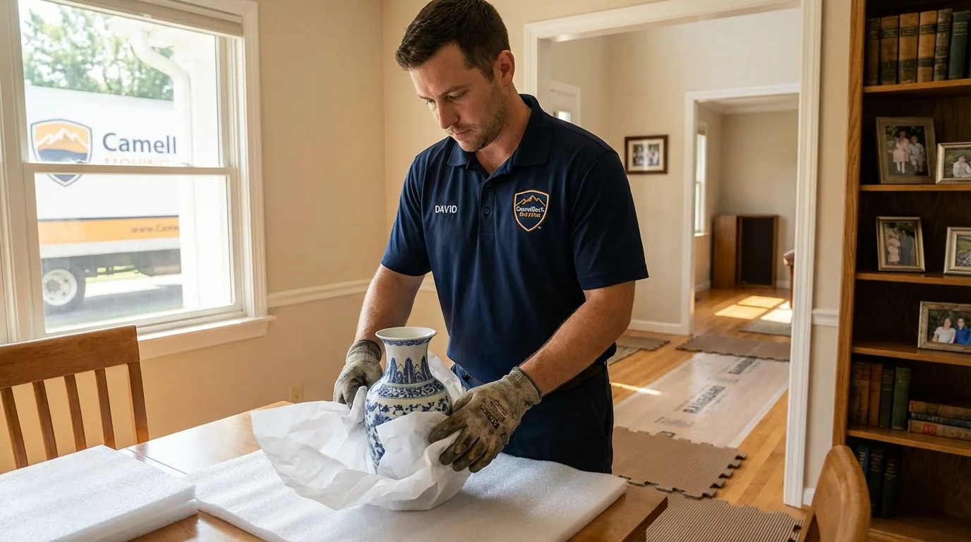 Professional crew carefully wrapping antique vase for senior downsizing move in Soperton, GA